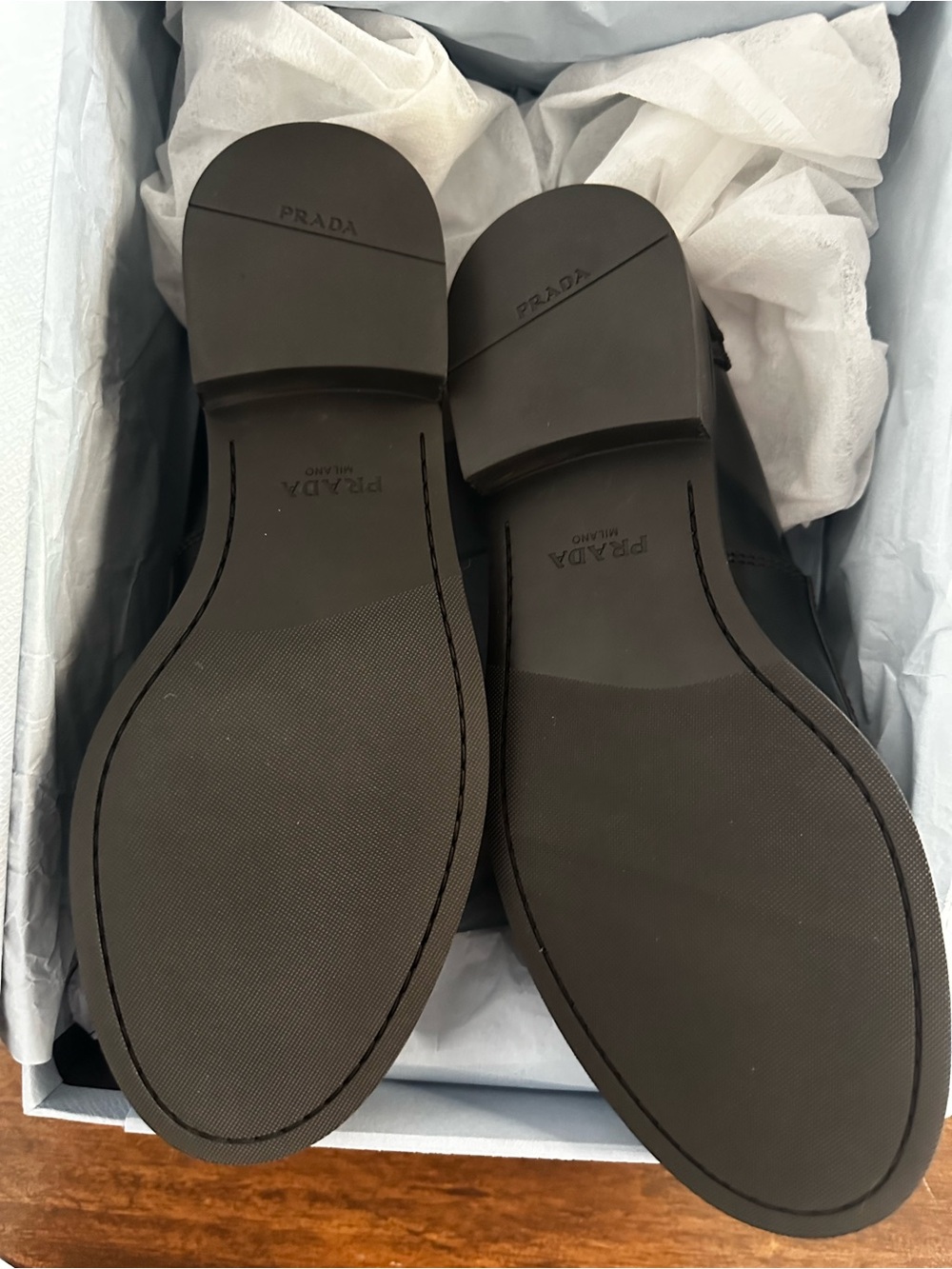 Prada Black and White Leather Penny Loafers with Gold Logo - Picture 9 of 14